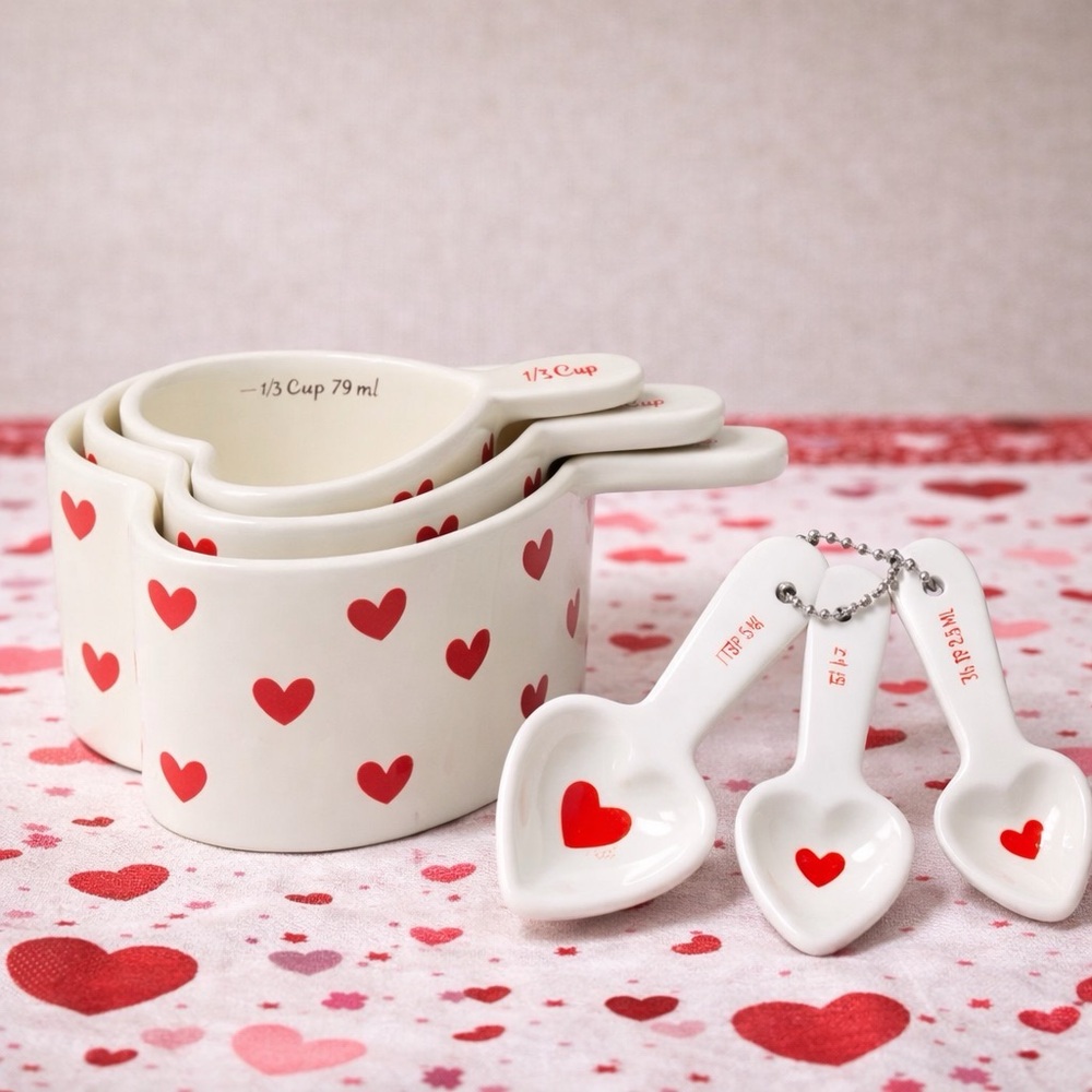 Target Bullseye Valentine’s Day SET OF 2 Hearts Ceramic Measuring Cups & Spoons